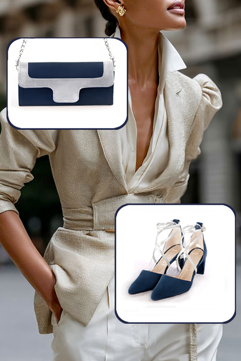 Dress heels closed-back crossed straps in navy blue and silver leather with medium comma heels and tapered toe - Worn view